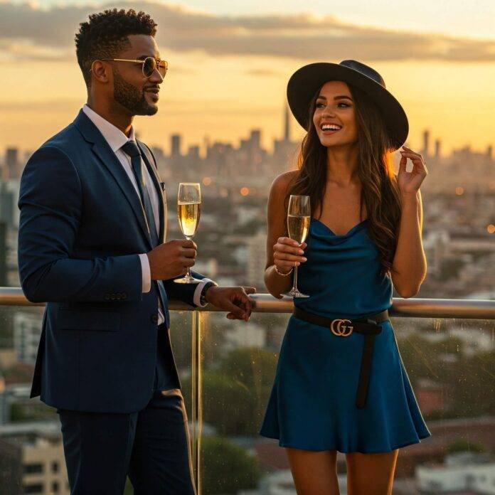 Glamorous Couple Champagne Balcony