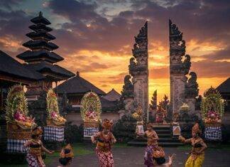 Experience Bali Like a Local: Hidden Gems and Secret Spots Balinese temple ceremony at dusk with dancers and offerings.