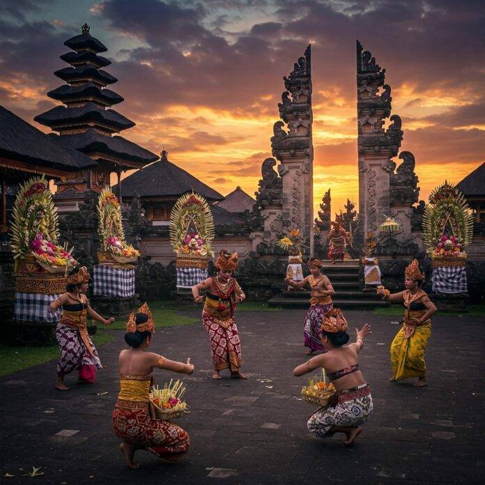 Balinese temple ceremony at dusk with dancers and offerings.