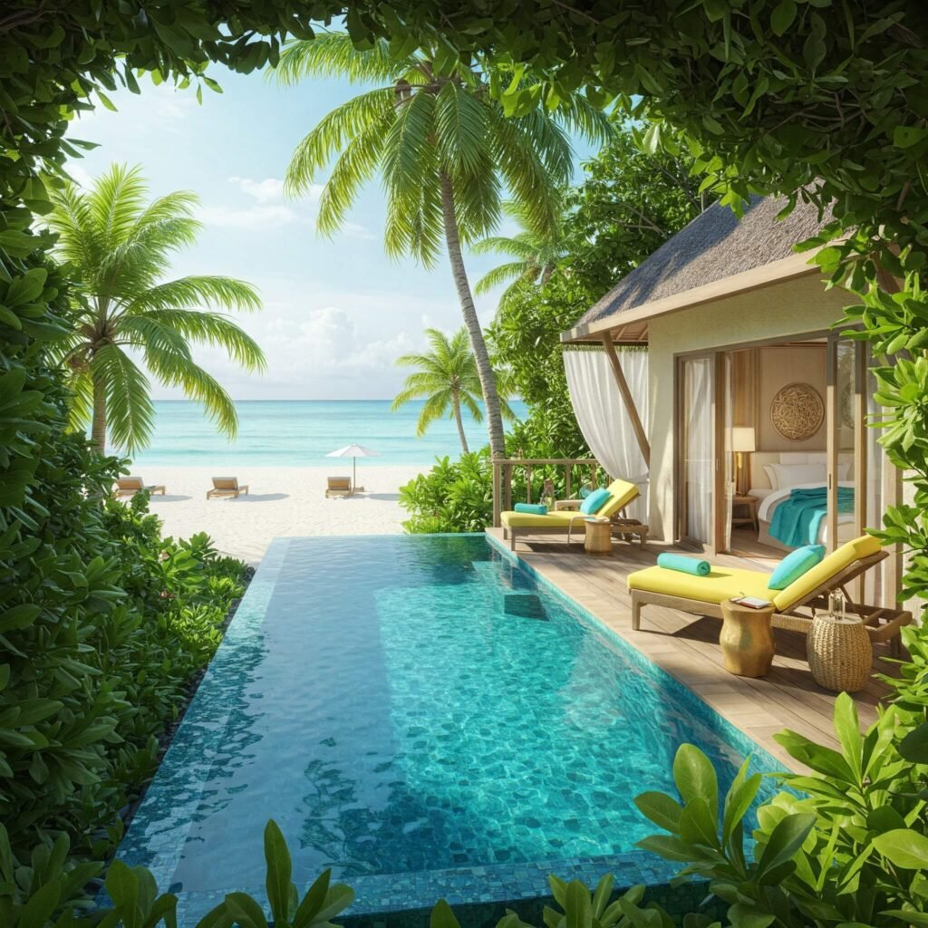 Beachfront suite with private pool and tropical views.