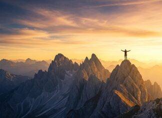 Mountain Adventures for Thrill Seekers: Top Hiking & Climbing Spots Lone climber on mountain peak at golden hour.