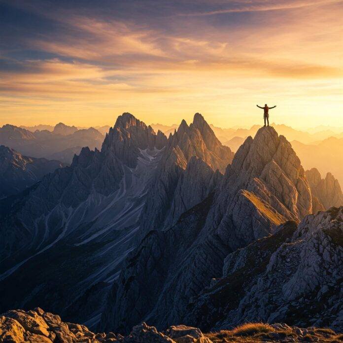 Lone climber on mountain peak at golden hour. Lone climber on mountain peak at golden hour.