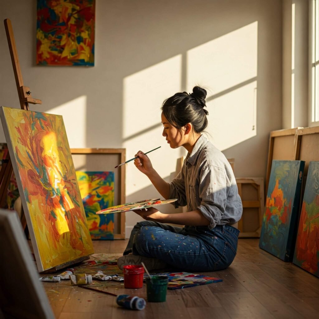 An image showing a person painting in a vibrant art studio.