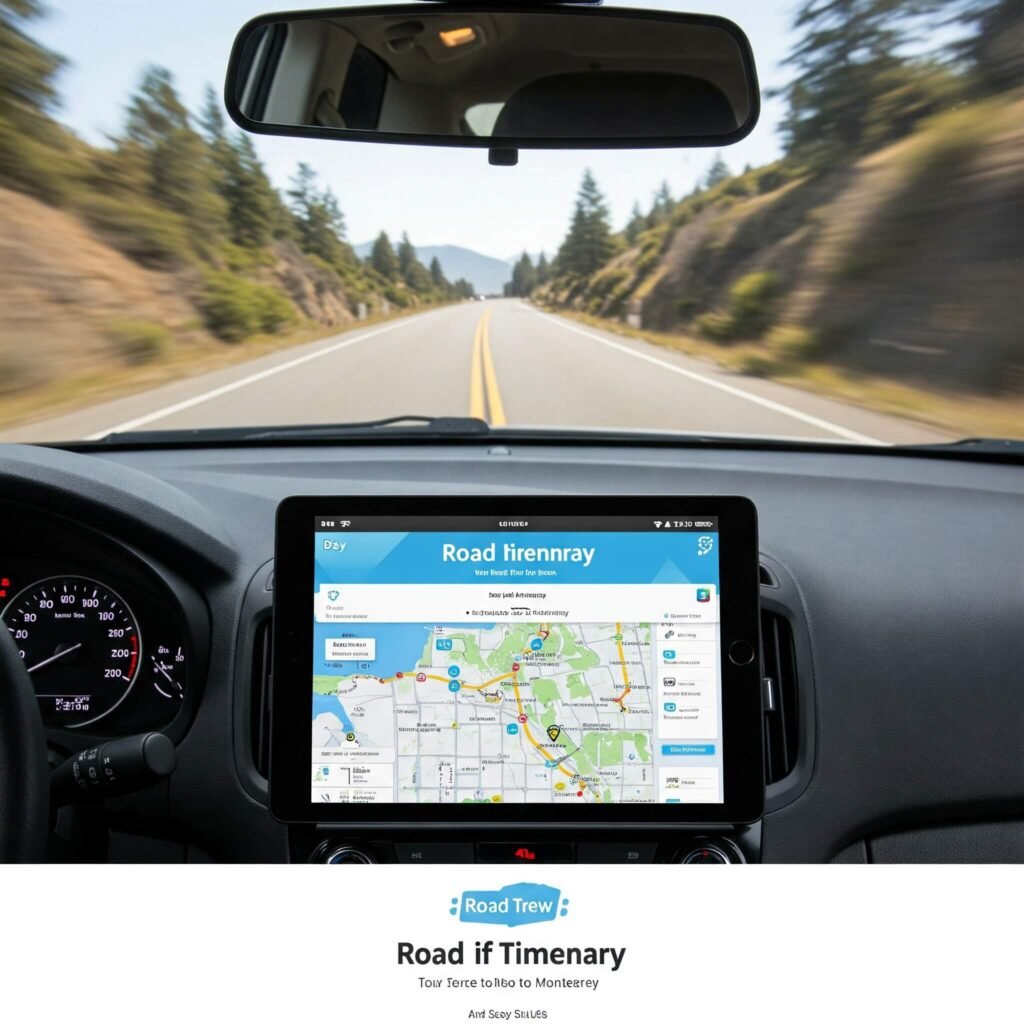 Road trip itinerary on tablet in car.