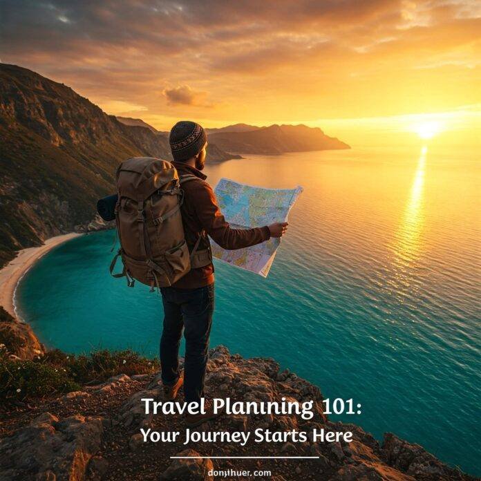 Traveler planning ocean adventure at sunset. Traveler planning ocean adventure at sunset.