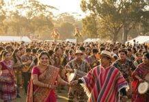 Importance of Cultural Activities in Preserving Traditions Vibrant cultural festival, diverse traditional attire, celebratory dance.