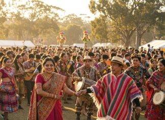 Importance of Cultural Activities in Preserving Traditions Vibrant cultural festival, diverse traditional attire, celebratory dance.