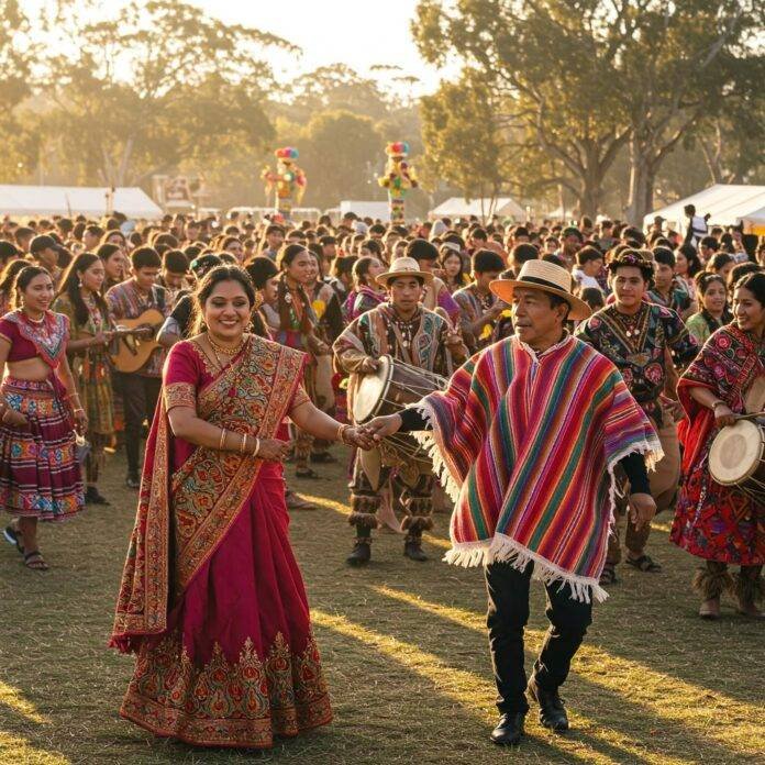 Vibrant cultural festival, diverse traditional attire, celebratory dance.