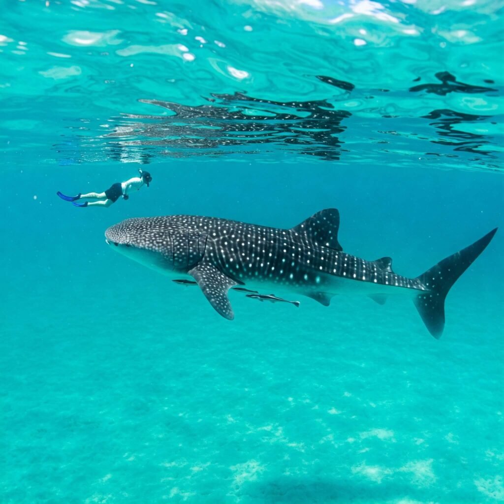 Whale shark snorkeler underwater.