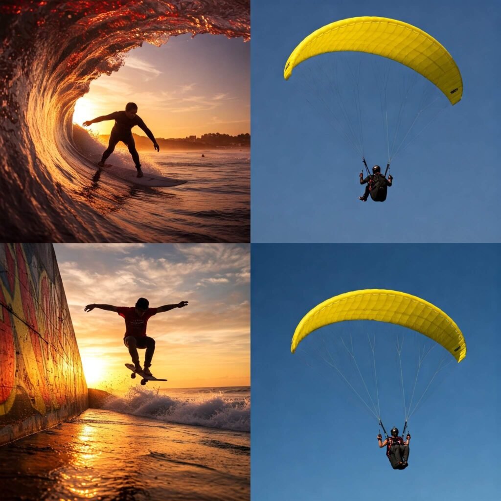 "Collage of surfing, skateboarding, and paragliding"
