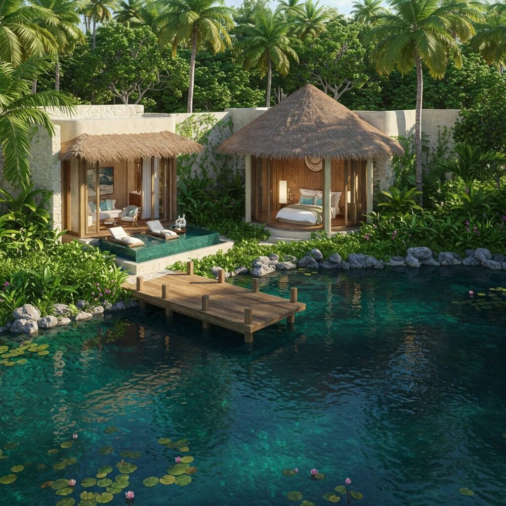 Rosewood Mayakoba lagoon-view suite with private dock.