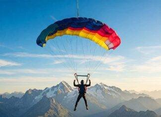 Top Extreme Sports Destinations for Thrill-Seekers in 2025 "A skydiver with a colorful parachute soars through a vibrant blue sky above a rugged mountain range, capturing the exhilarating and awe-inspiring thrill of extreme sports."