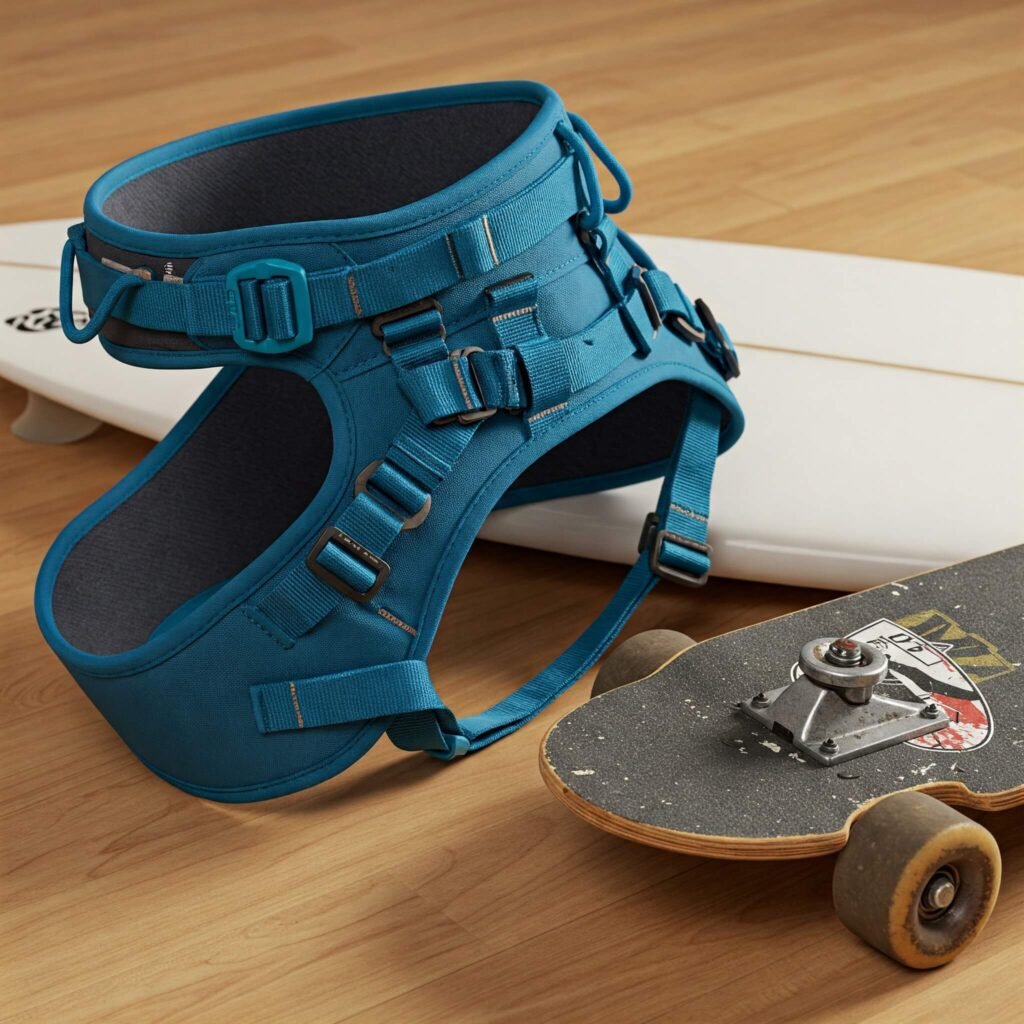 "Close-up of climbing harness, surfboard, and skateboard against a neutral wood background, showcasing gear in a practical and inviting way."