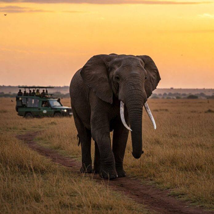 African elephant savanna sunset safari.