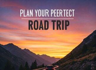 Plan the Perfect Road Trip: 10 Must-Know Tips for First-Timers Scenic mountain road at sunset with "Plan Your Perfect Road Trip!" text.