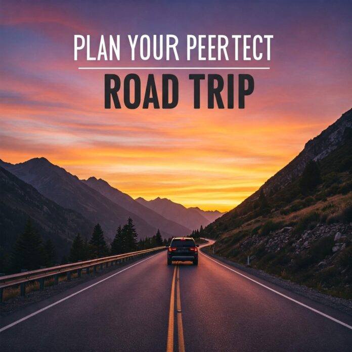 Scenic mountain road at sunset with "Plan Your Perfect Road Trip!" text.
