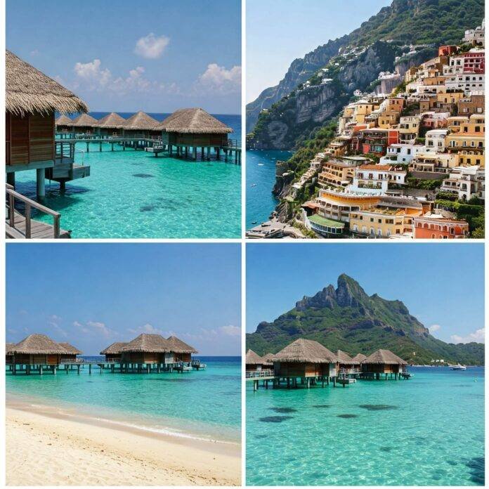 Luxury Beach Escapes: Maldives, Bora Bora & Positano Collage