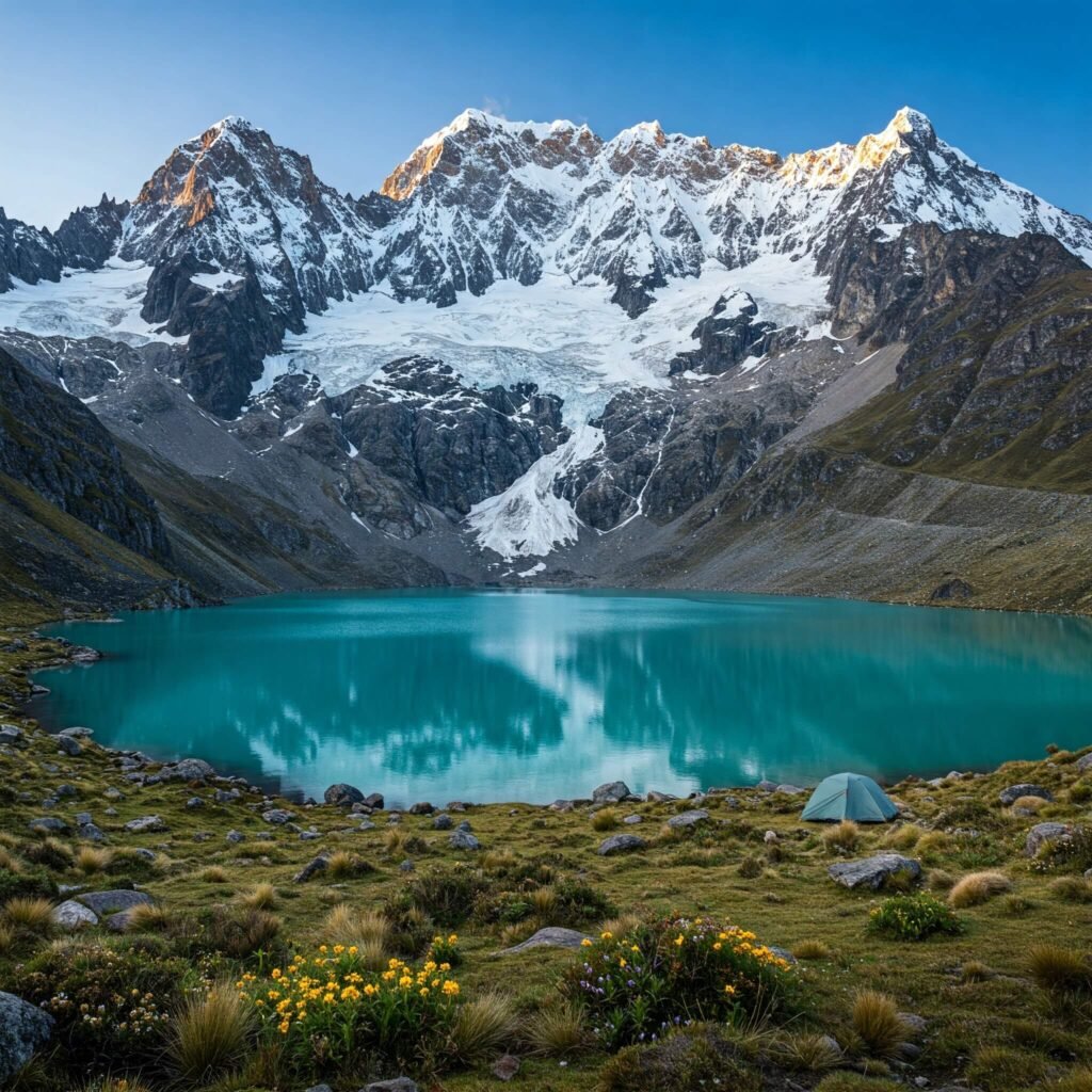 Snowy peaks and turquoise lake in Huayhuash
