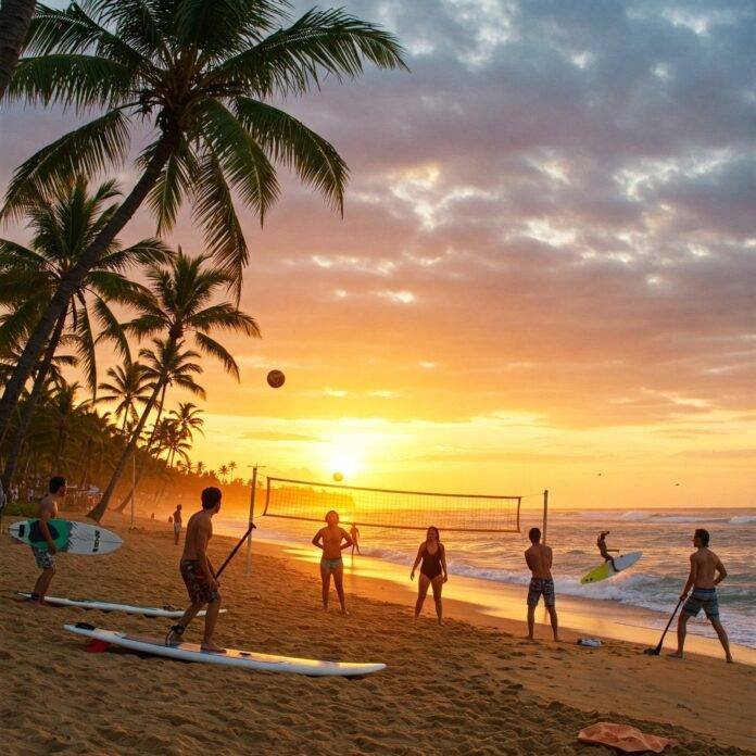 Vibrant beach sunset with surfing, volleyball, and paddleboarding. Vibrant beach sunset with surfing, volleyball, and paddleboarding.
