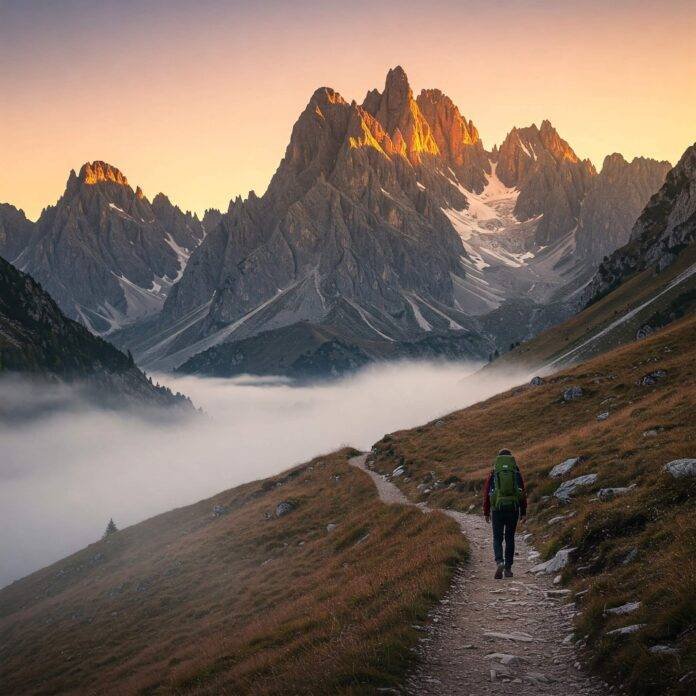 Hiker on misty mountain trail at sunrise
