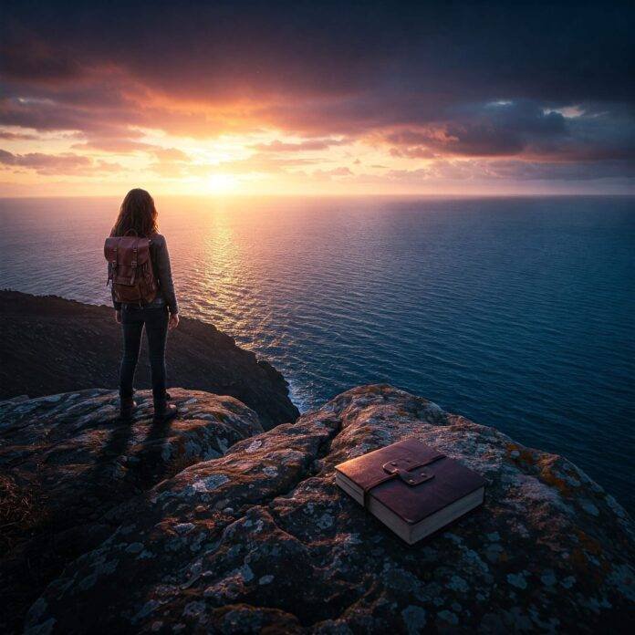 Solo traveler on cliff at sunset over ocean. Solo traveler on cliff at sunset over ocean.