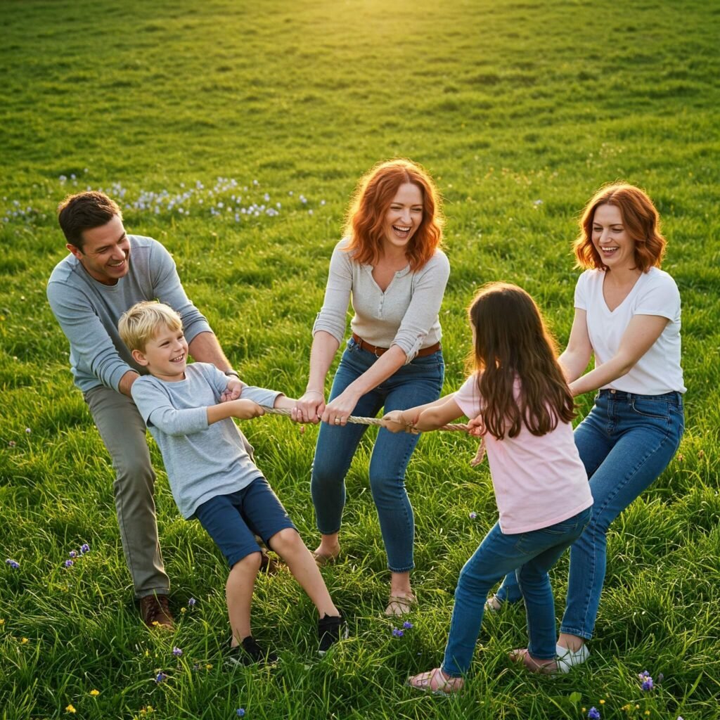 Family tug-of-war in sunny field.