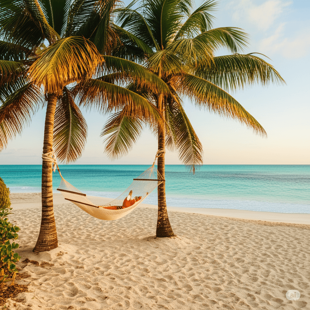 Secluded beach with hammock between palm trees.