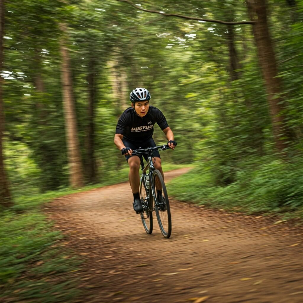 Speeding cyclist on a blurred forest path.