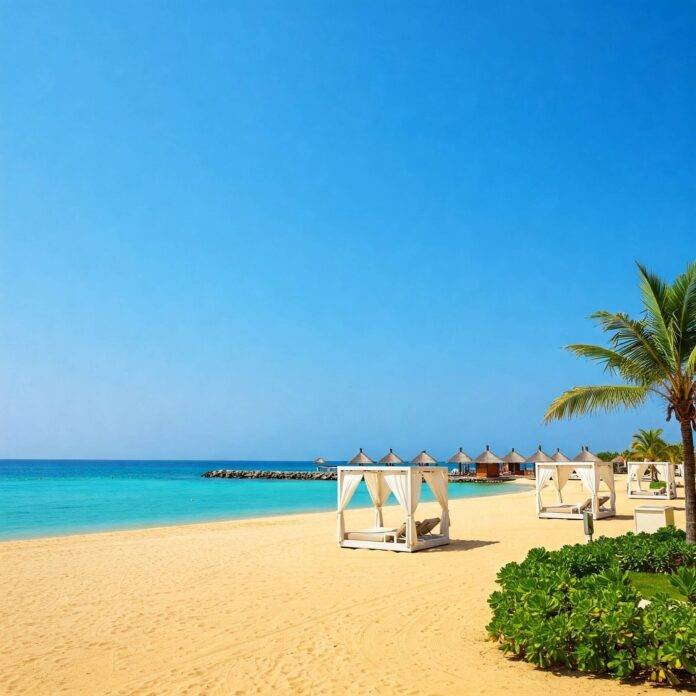 Wide-angle beach with resort cabanas and azure water.