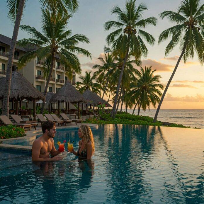 Luxury tropical resort sunset pool
