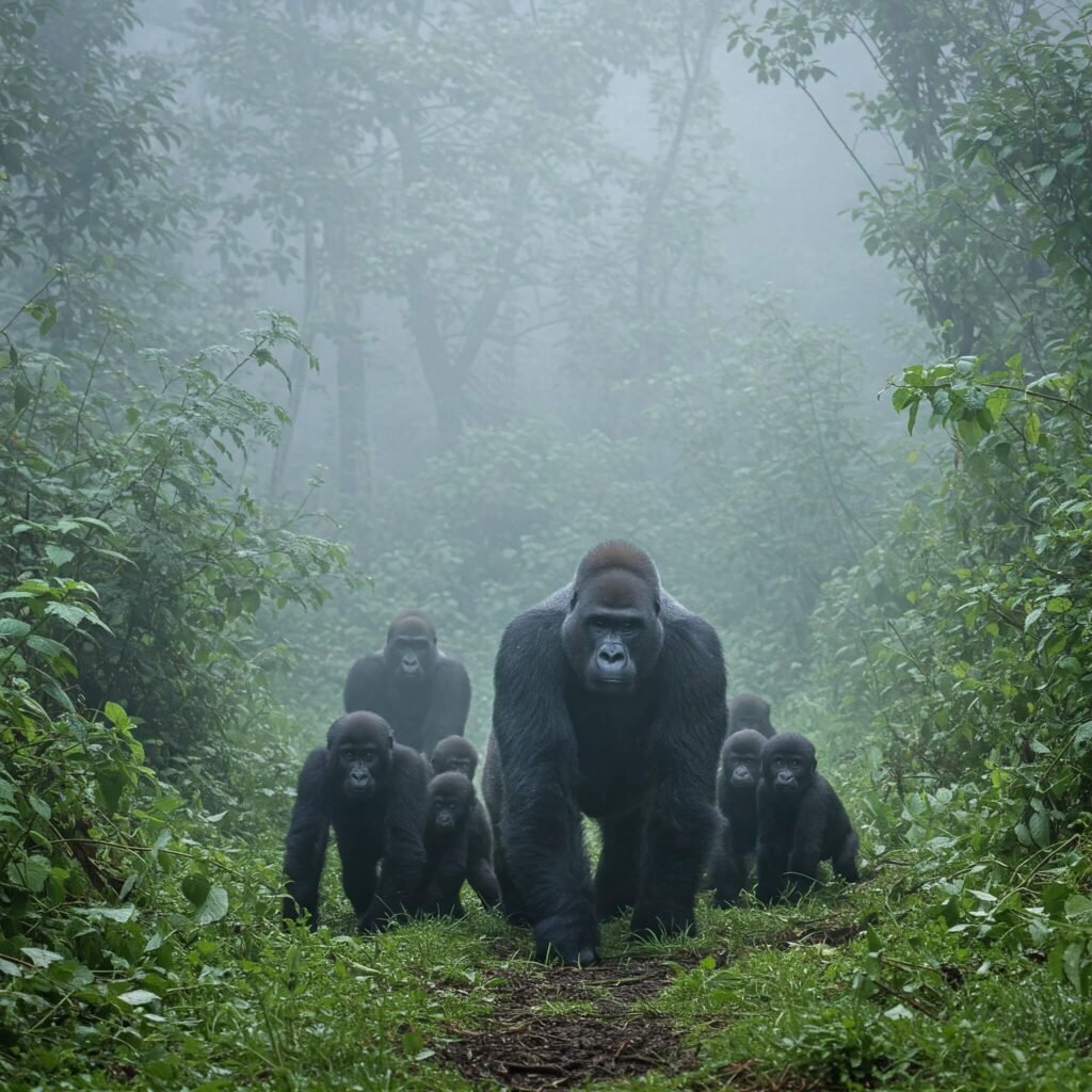 Silverback Gorilla Family in Misty Forest