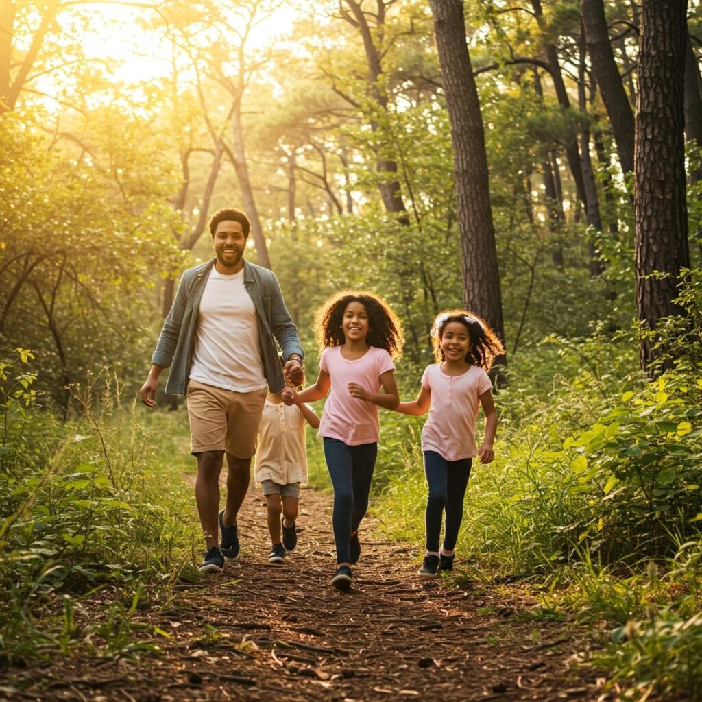 Family hiking adventure in sunny forest.