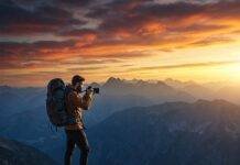 Best Hiking Trails for Stunning Views and Photography Lovers A hiker on a cliff edge holds a camera, capturing the vast mountain range under a dramatic sunset sky filled with warm orange