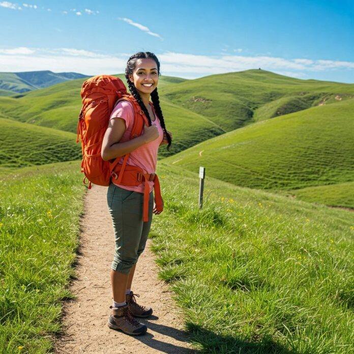 "Beginner hiker on scenic trail" "Beginner hiker on scenic trail"