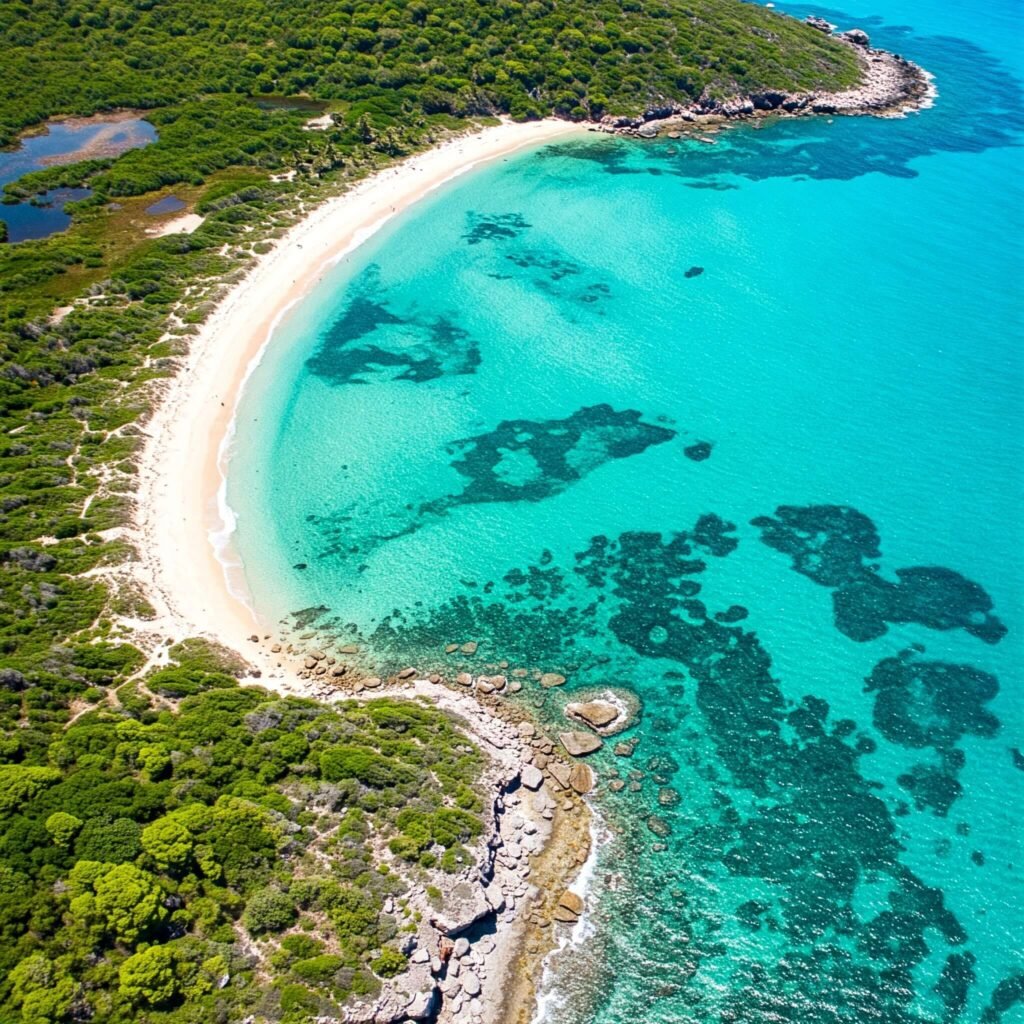 Aerial view of secluded beach with turquoise water and white sand.