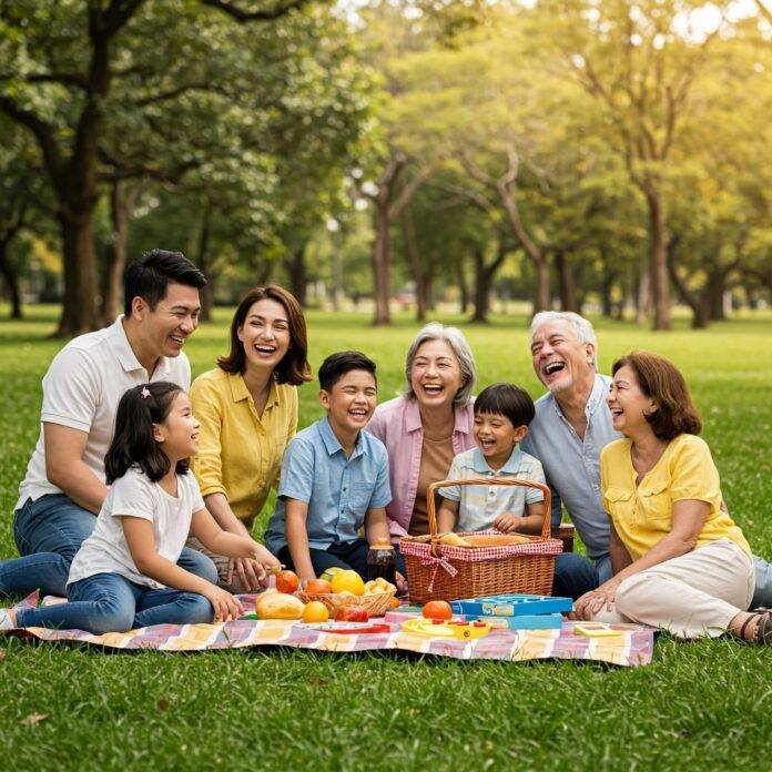 Multigenerational family picnic in park