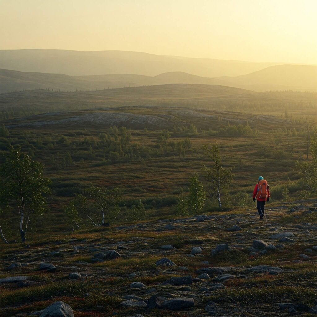 "Hiker in Arctic tundra under midnight sun."