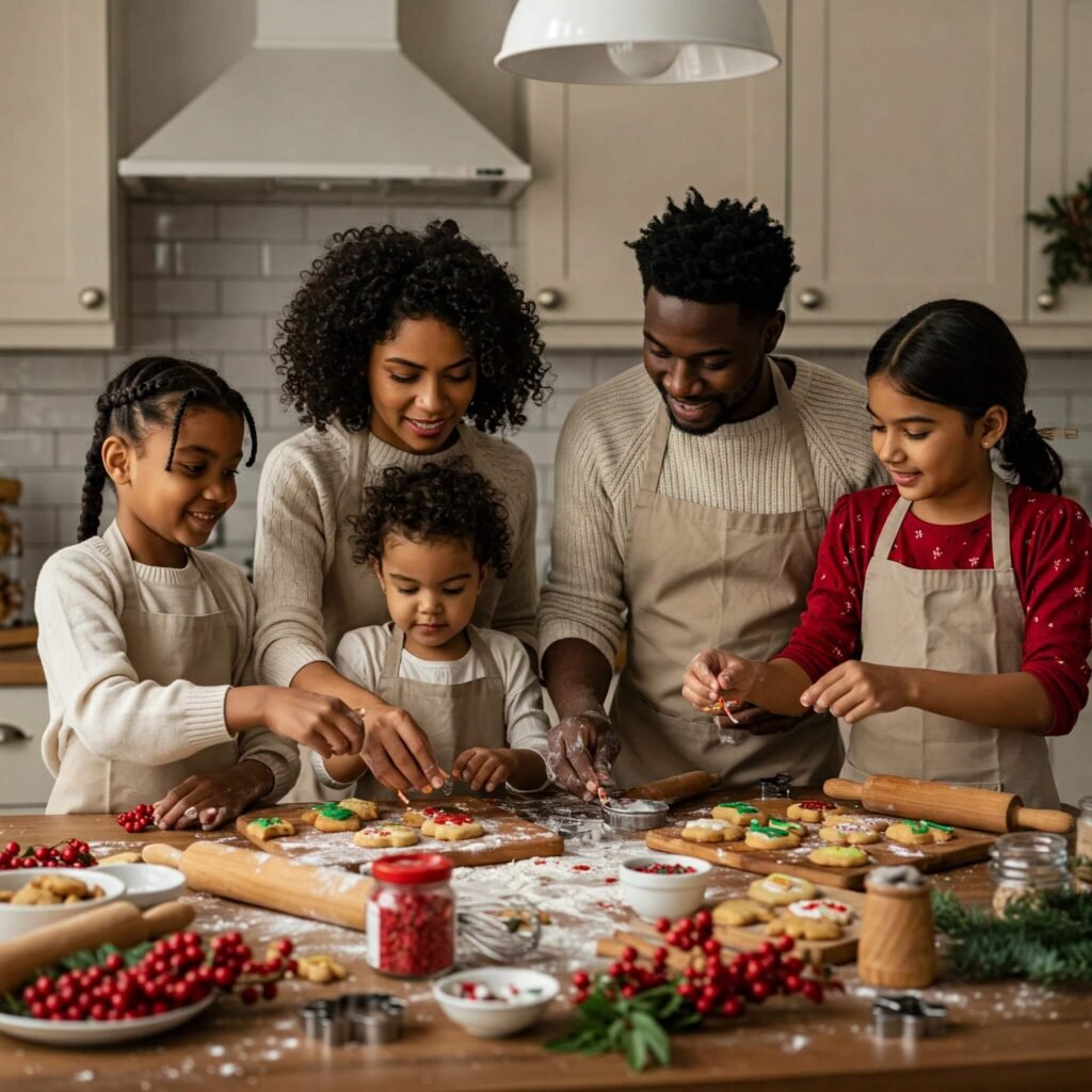 Family baking cookies.