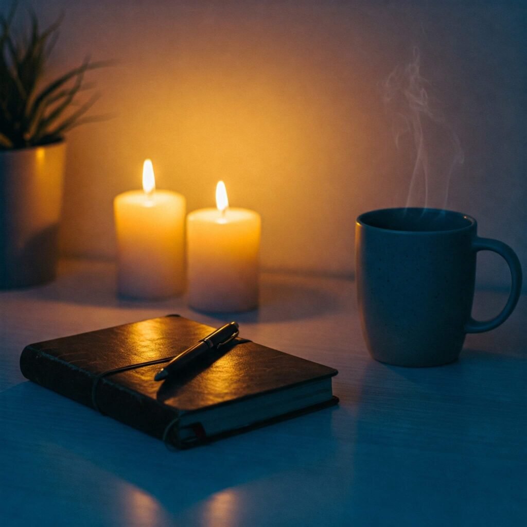 Cozy desk setup with journal and candles