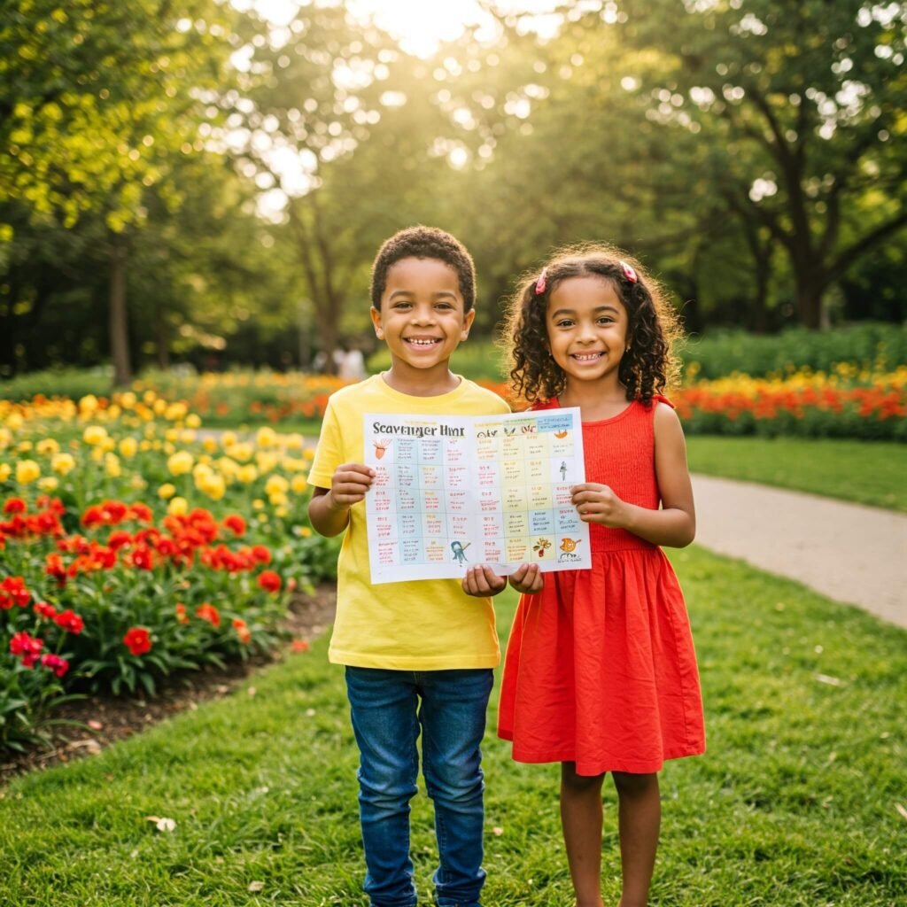 Kids holding scavenger hunt list in park.
