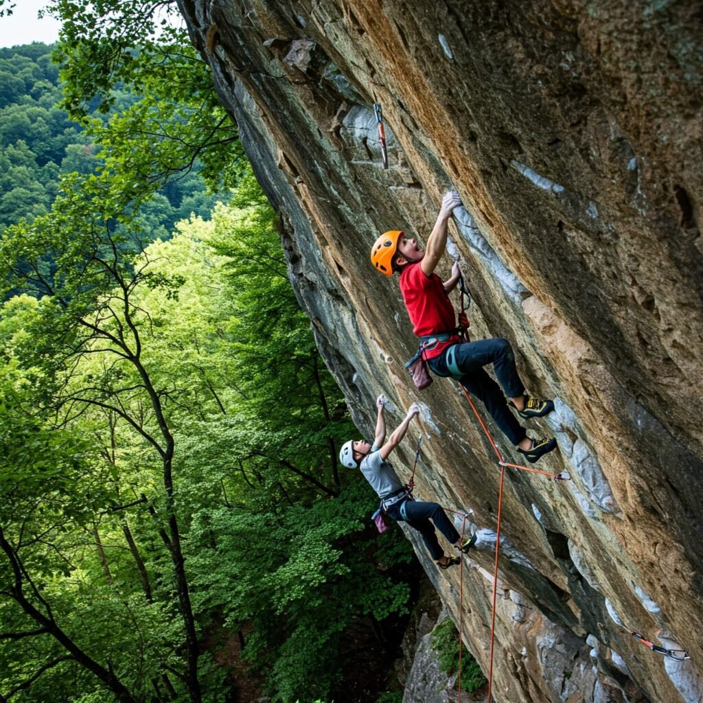 "Beginner rock climbers scaling a vibrant green and blue rock face, evoking excitement and achievement."