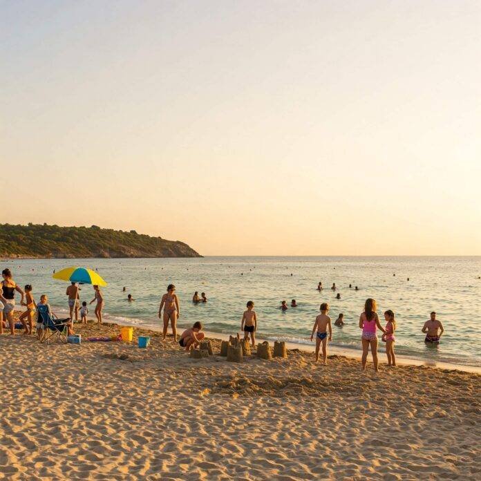 Family beach fun: Golden hour, calm waters & happy families. Family beach fun: Golden hour, calm waters & happy families.
