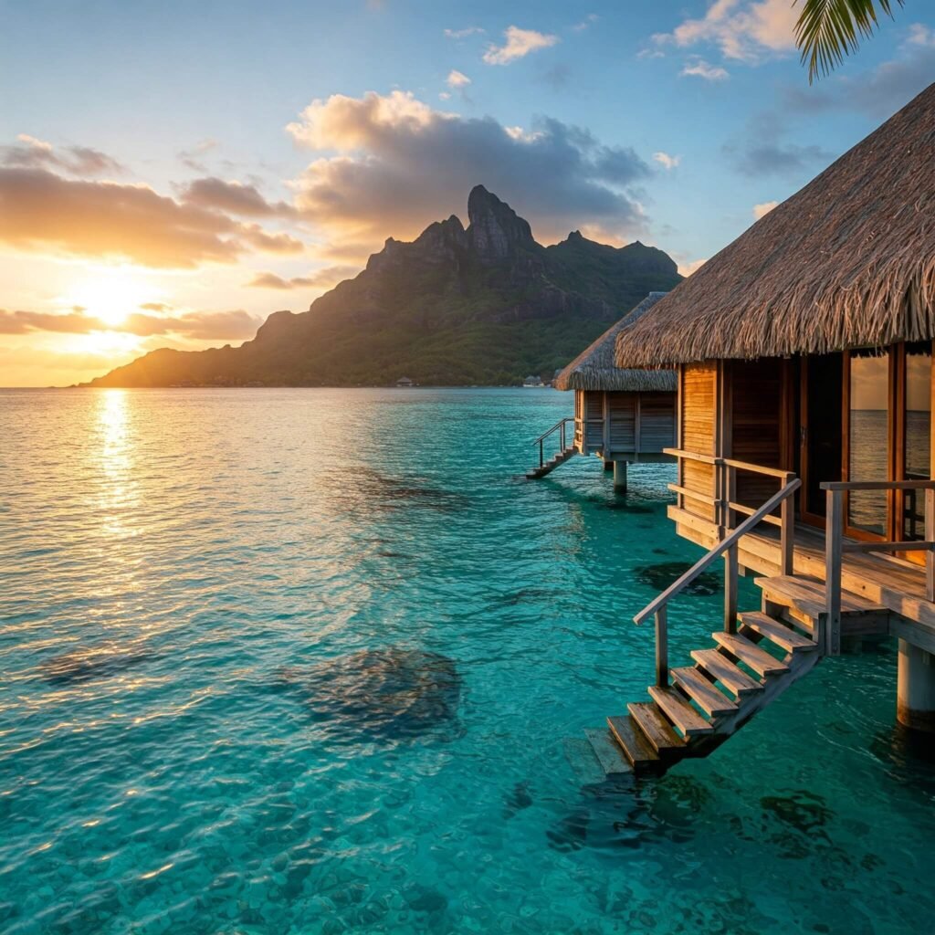 Bora Bora overwater bungalow with clear water.