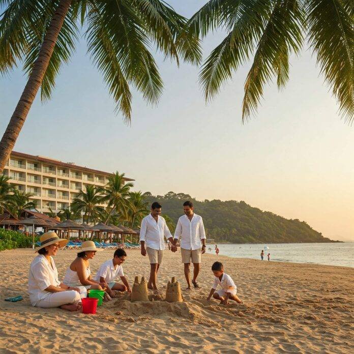 Beach resort with diverse travelers. Beach resort with diverse travelers.