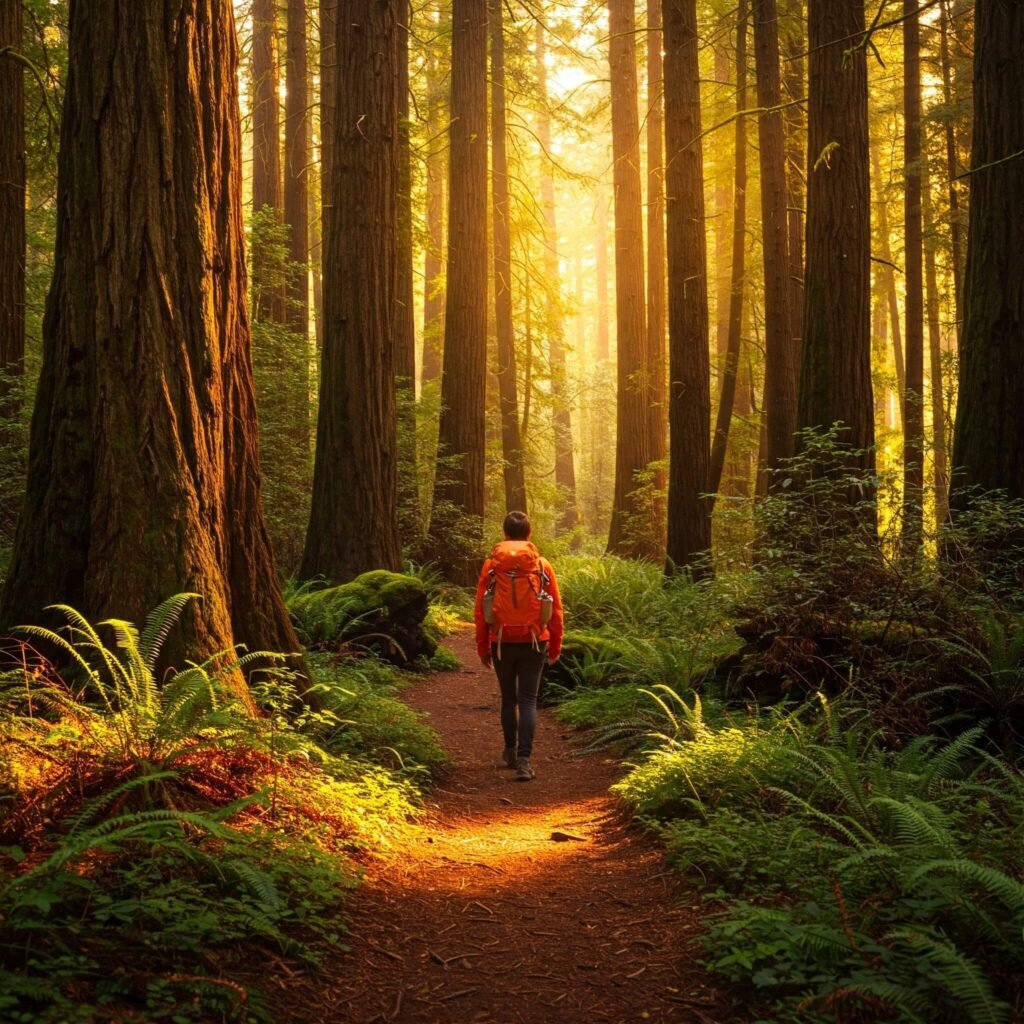 Hiker on sunlit forest trail