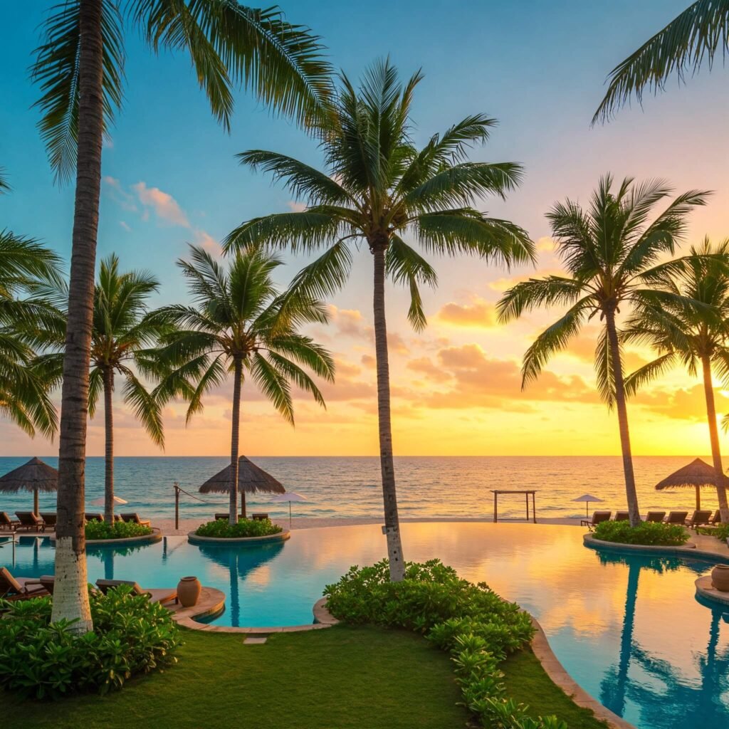 Sunset beach resort with infinity pool and palm trees.