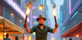 Top 10 Places to Travel in 2025 That Everyone Is Talking About sci-fi-market-chaos-2025.jpg: Blurry sci-fi market, torch juggler, sassy pigeon.