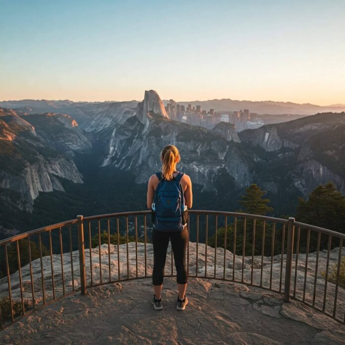 Solo traveler overlooking scenic US landscape. Solo traveler overlooking scenic US landscape.