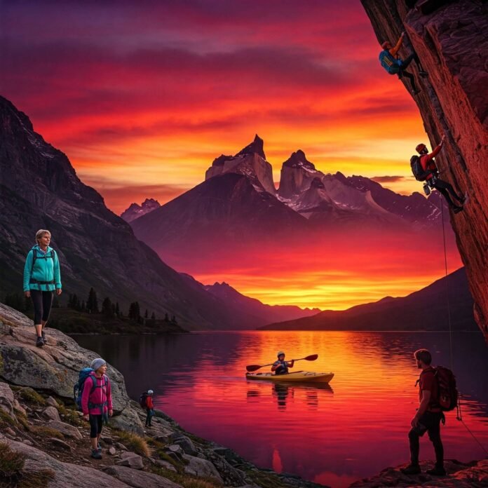 Adventure collage: hiking, kayaking, climbing at sunset Adventure collage: hiking, kayaking, climbing at sunset