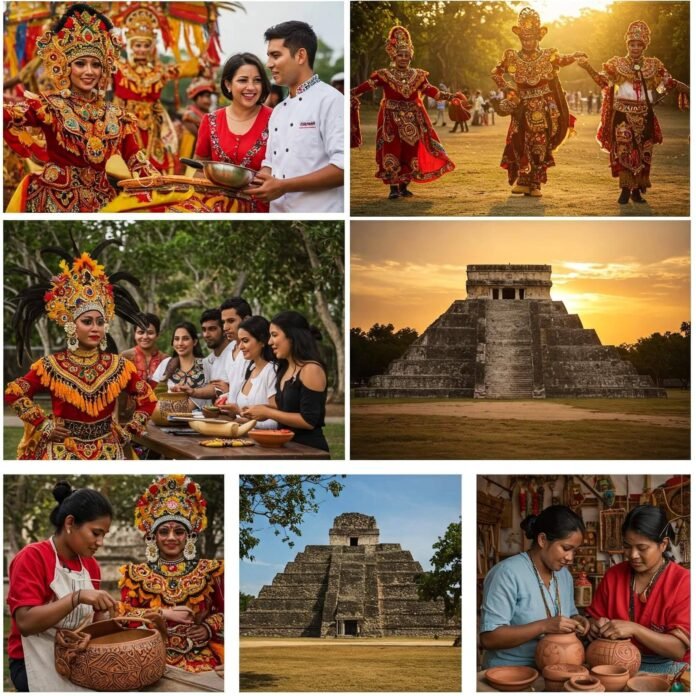 Vibrant cultural collage: dancers, cooking, ruins, artisans. Vibrant cultural collage: dancers, cooking, ruins, artisans.